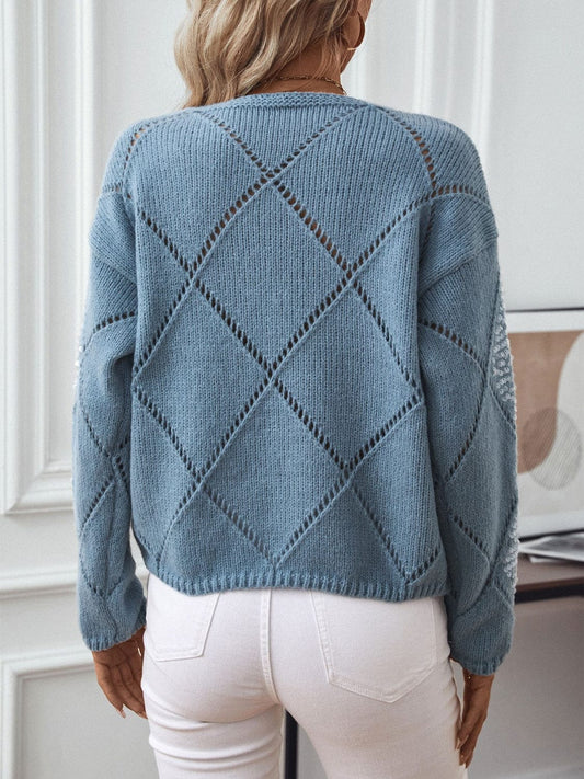 Openwork Round Neck Long Sleeve Knit Top - Trendsi