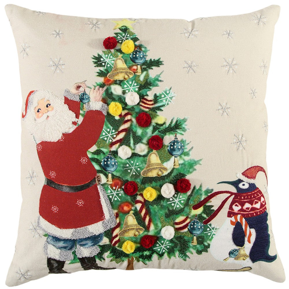 Ivory Vintage Santa and Penguin Christmas Throw Pillow - Homeroots