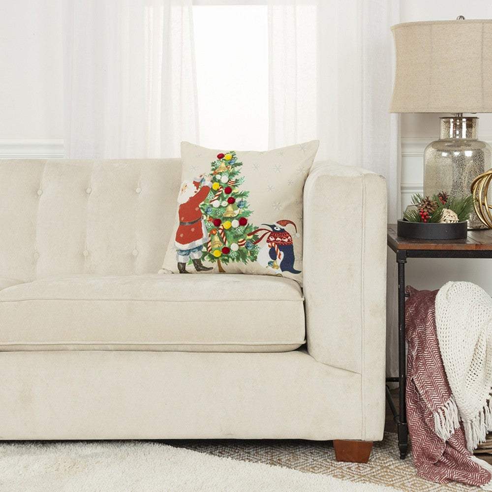 Ivory Vintage Santa and Penguin Christmas Throw Pillow - Homeroots - Flyclothing LLC