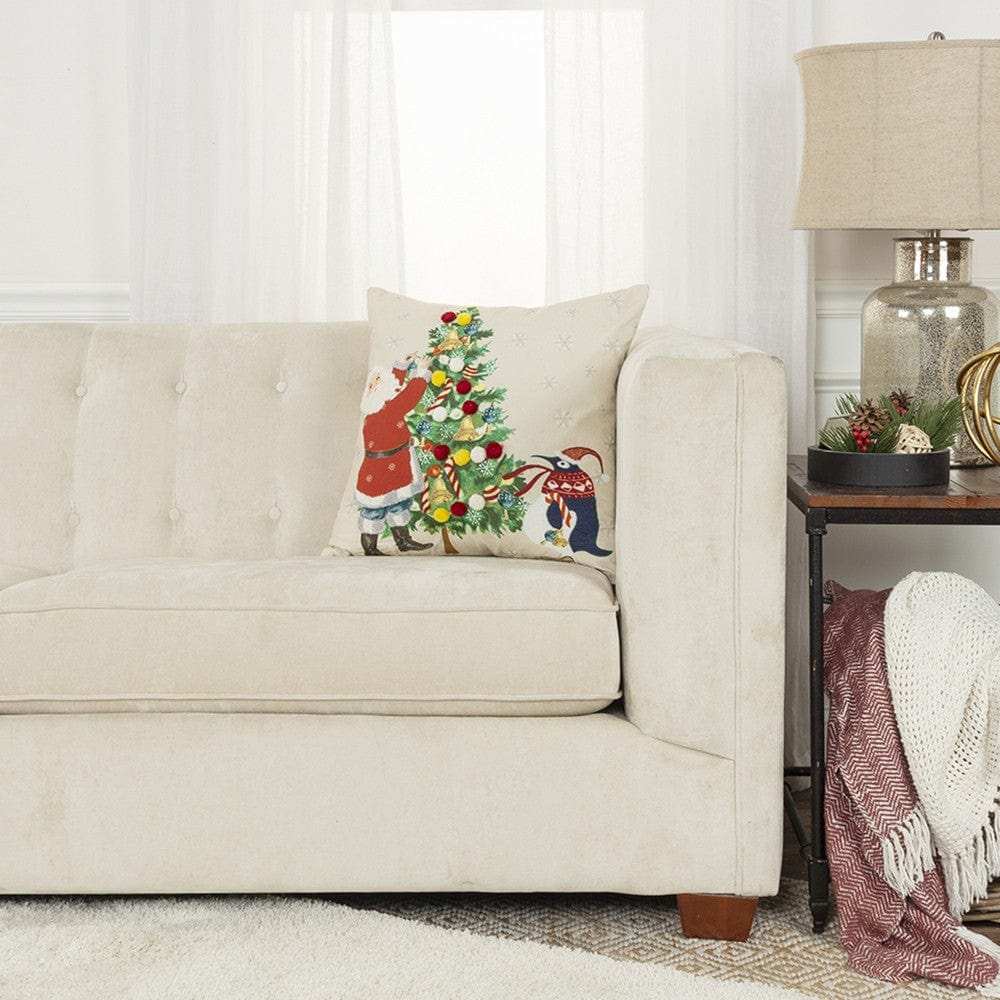 Ivory Vintage Santa and Penguin Christmas Throw Pillow - Homeroots - Flyclothing LLC