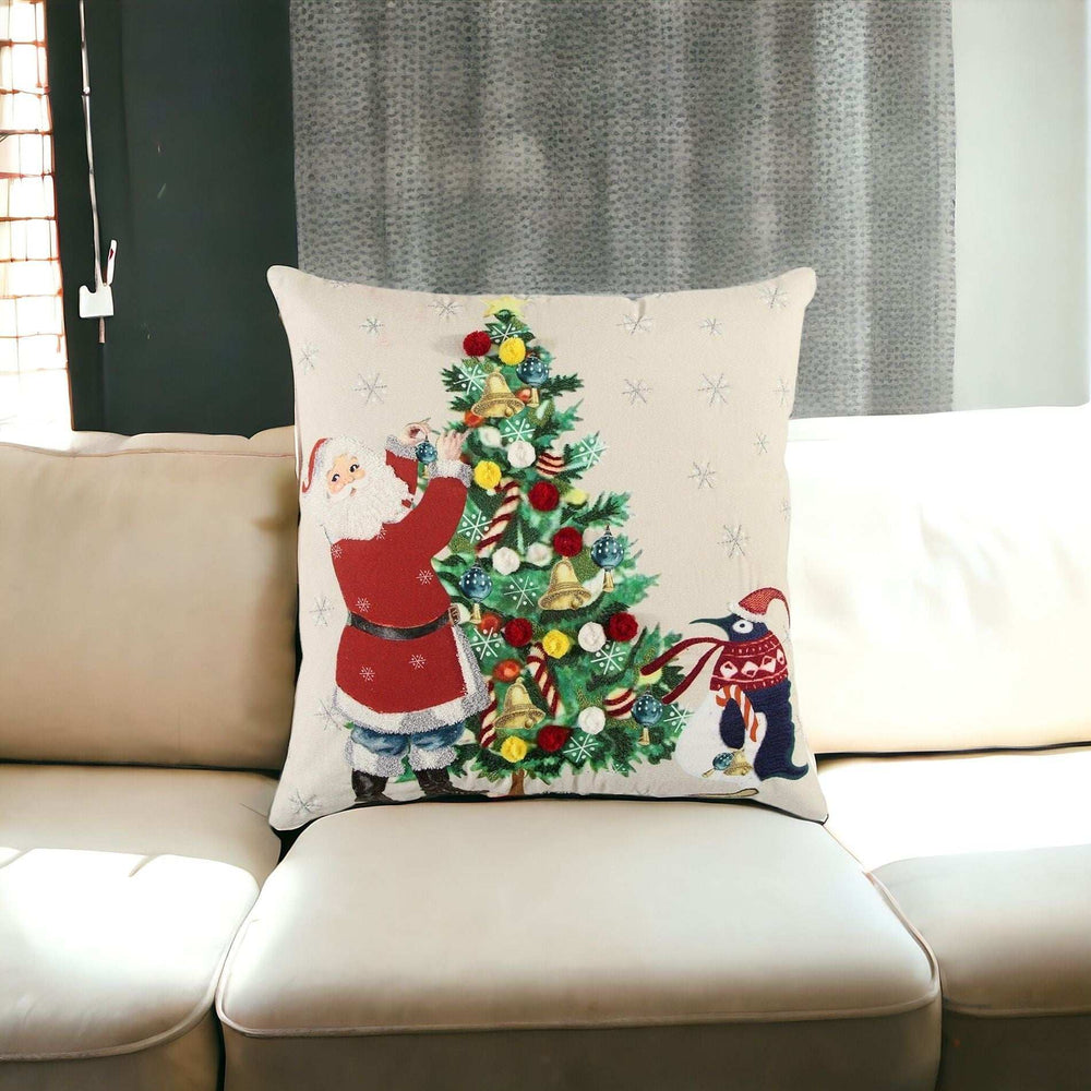 Ivory Vintage Santa and Penguin Christmas Throw Pillow - Homeroots - Flyclothing LLC