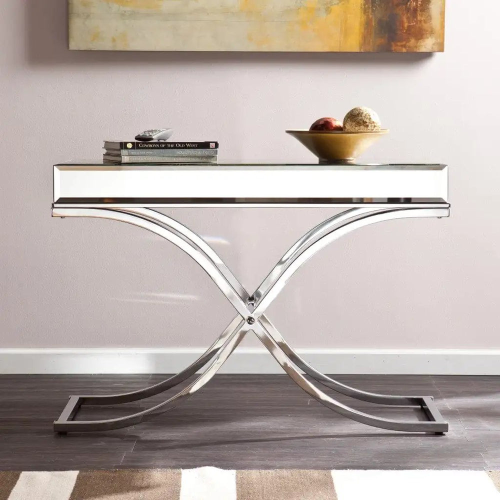 42" Silver Mirrored Glass Cross Leg Console Table - Homeroots - Flyclothing LLC