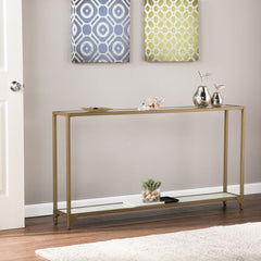 56" Clear and Gold Glass Mirrored Frame Console Table With Shelves - Homeroots