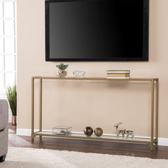 56" Clear and Gold Glass Mirrored Frame Console Table With Shelves - Homeroots