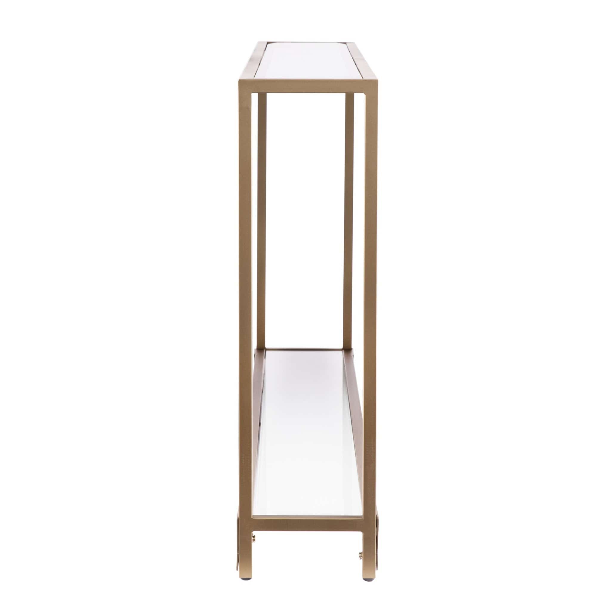 56" Clear and Gold Glass Mirrored Frame Console Table With Shelves - Homeroots