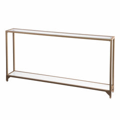 56" Clear and Gold Glass Mirrored Frame Console Table With Shelves - Homeroots