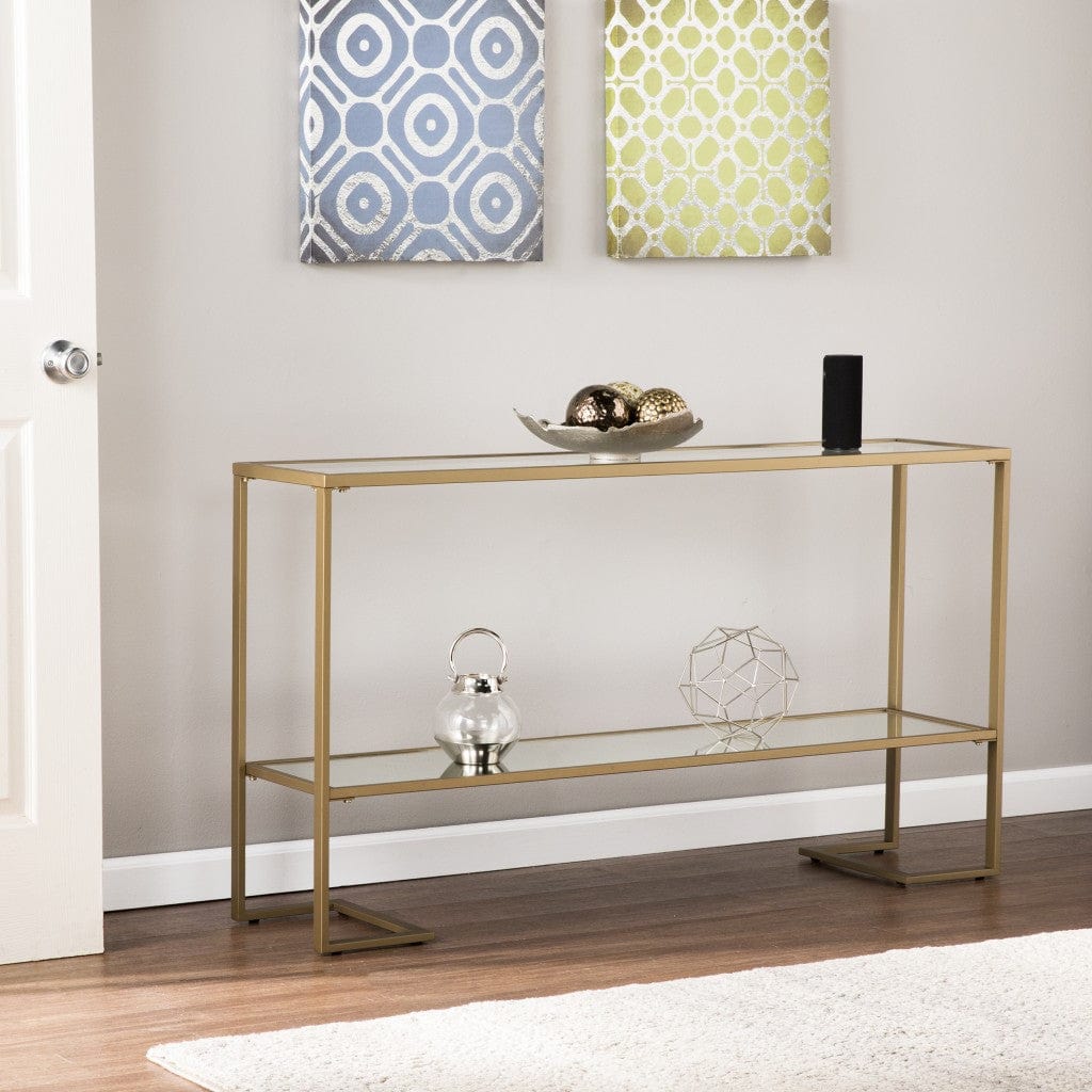 52" Clear and Gold Glass Mirrored Sled Console Table With Shelves - Homeroots