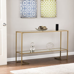 52" Clear and Gold Glass Mirrored Sled Console Table With Shelves - Homeroots