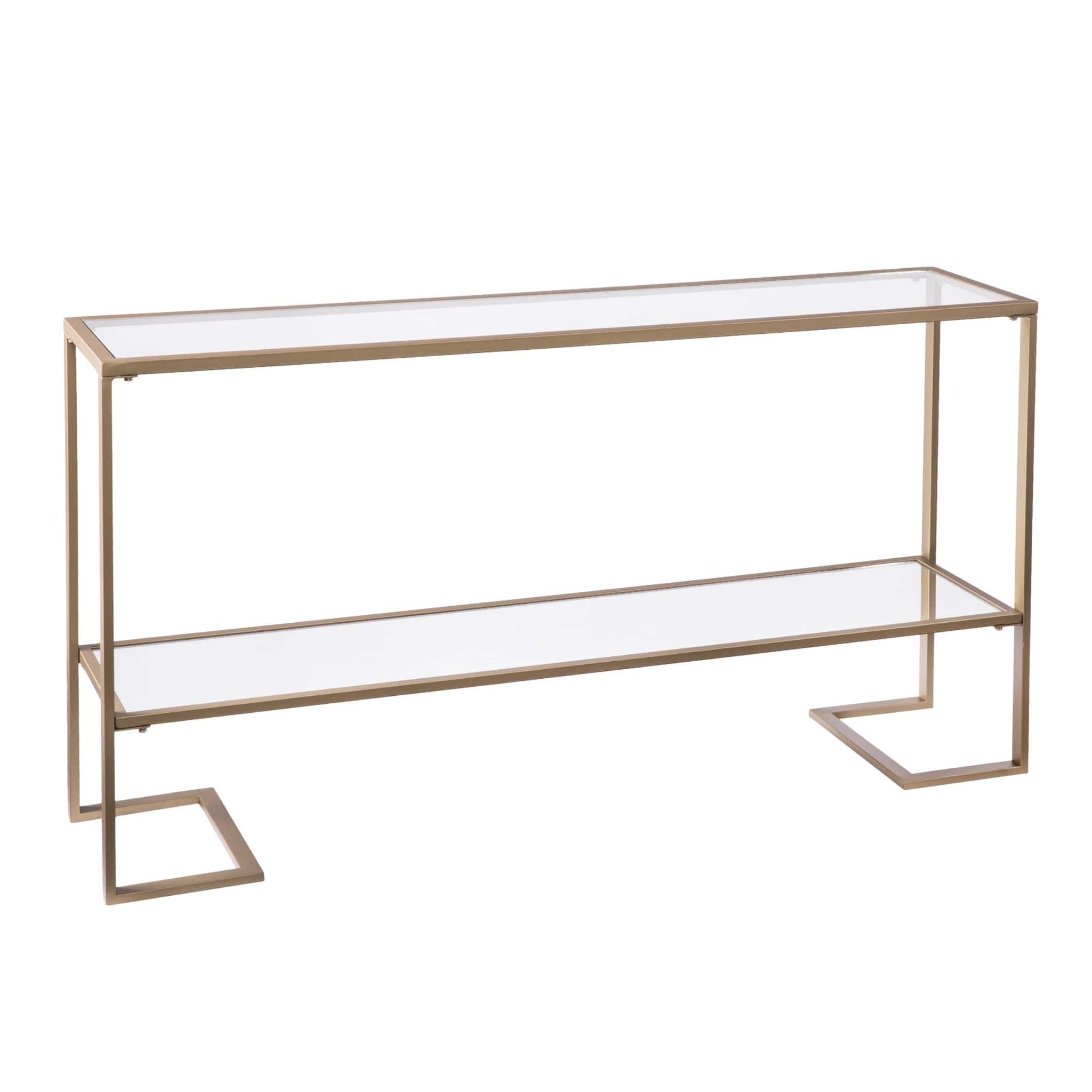52" Clear and Gold Glass Mirrored Sled Console Table With Shelves - Homeroots