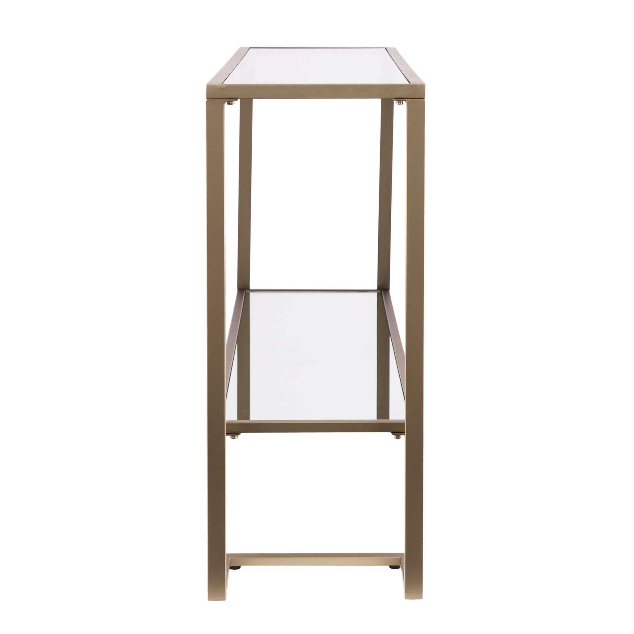 52" Clear and Gold Glass Mirrored Sled Console Table With Shelves - Homeroots