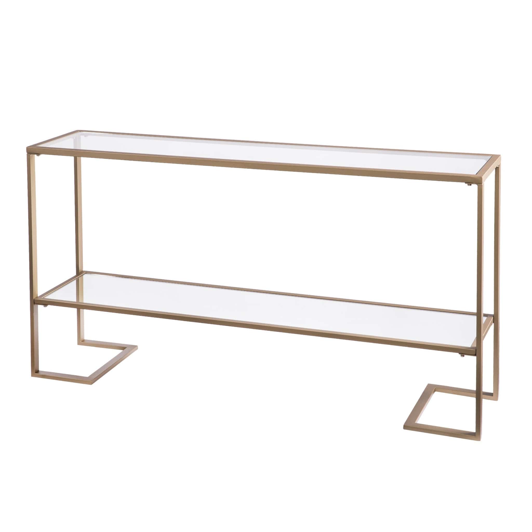 52" Clear and Gold Glass Mirrored Sled Console Table With Shelves - Homeroots