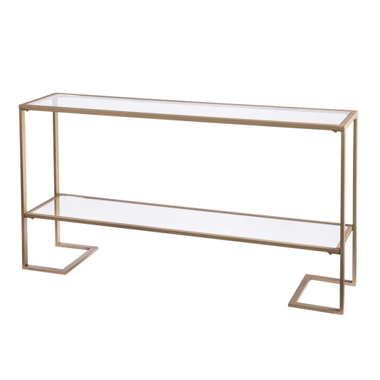 52" Clear and Gold Glass Mirrored Sled Console Table With Shelves - Homeroots