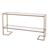 52" Clear and Gold Glass Mirrored Sled Console Table With Shelves - Homeroots