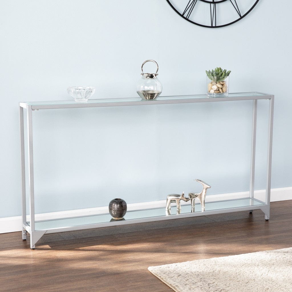 56" Clear and Silver Glass Mirrored Floor Shelf Console Table With Storage - Homeroots