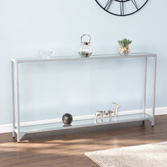 56" Clear and Silver Glass Mirrored Floor Shelf Console Table With Storage - Homeroots