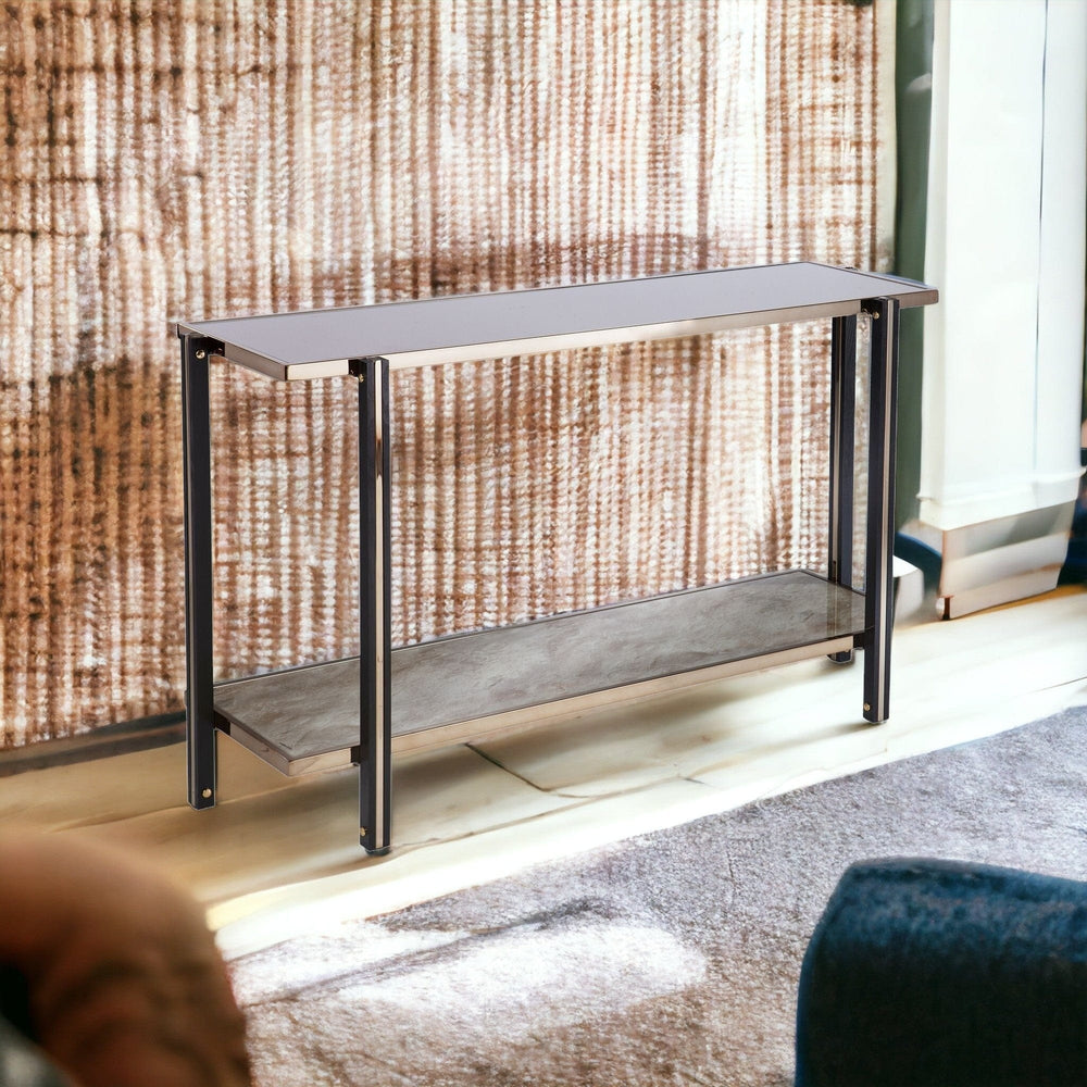 50" Smoky Black and Champagne Glass Mirrored Floor Shelf Console Table With Storage - Homeroots - Flyclothing LLC