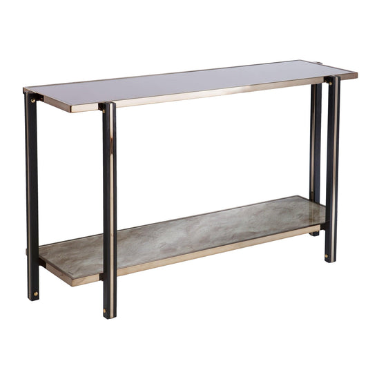 50" Smoky Black and Champagne Glass Mirrored Floor Shelf Console Table With Storage - Homeroots