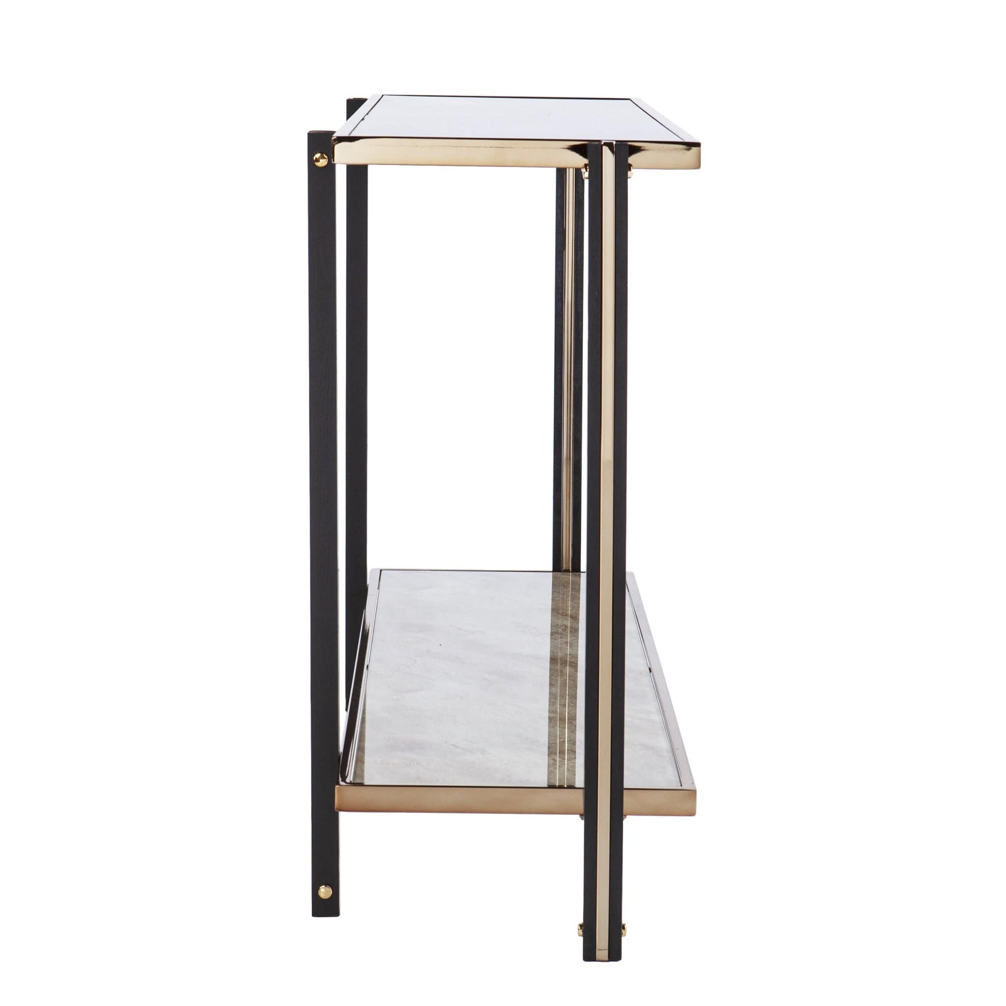 50" Smoky Black and Champagne Glass Mirrored Floor Shelf Console Table With Storage - Homeroots