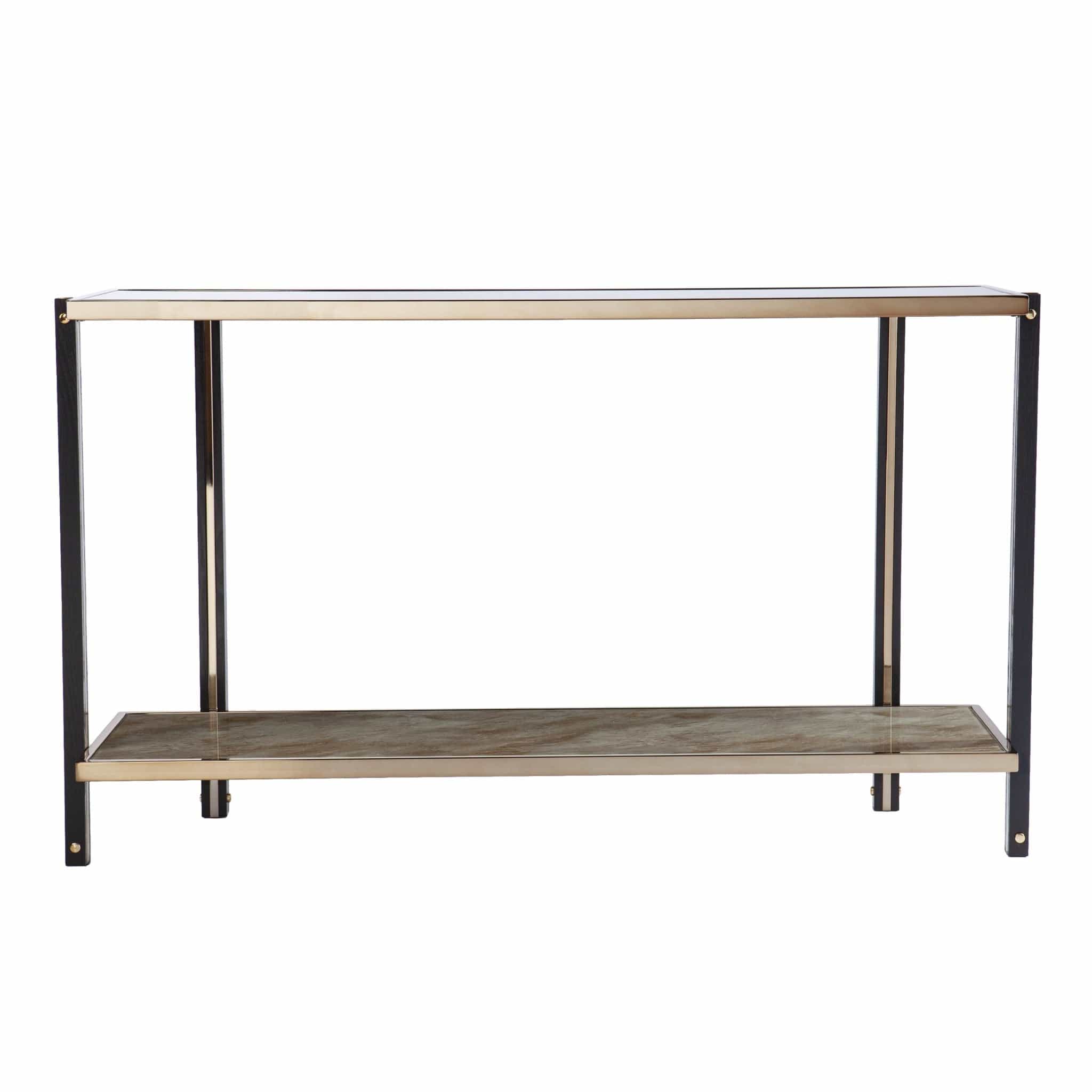 50" Smoky Black and Champagne Glass Mirrored Floor Shelf Console Table With Storage - Homeroots