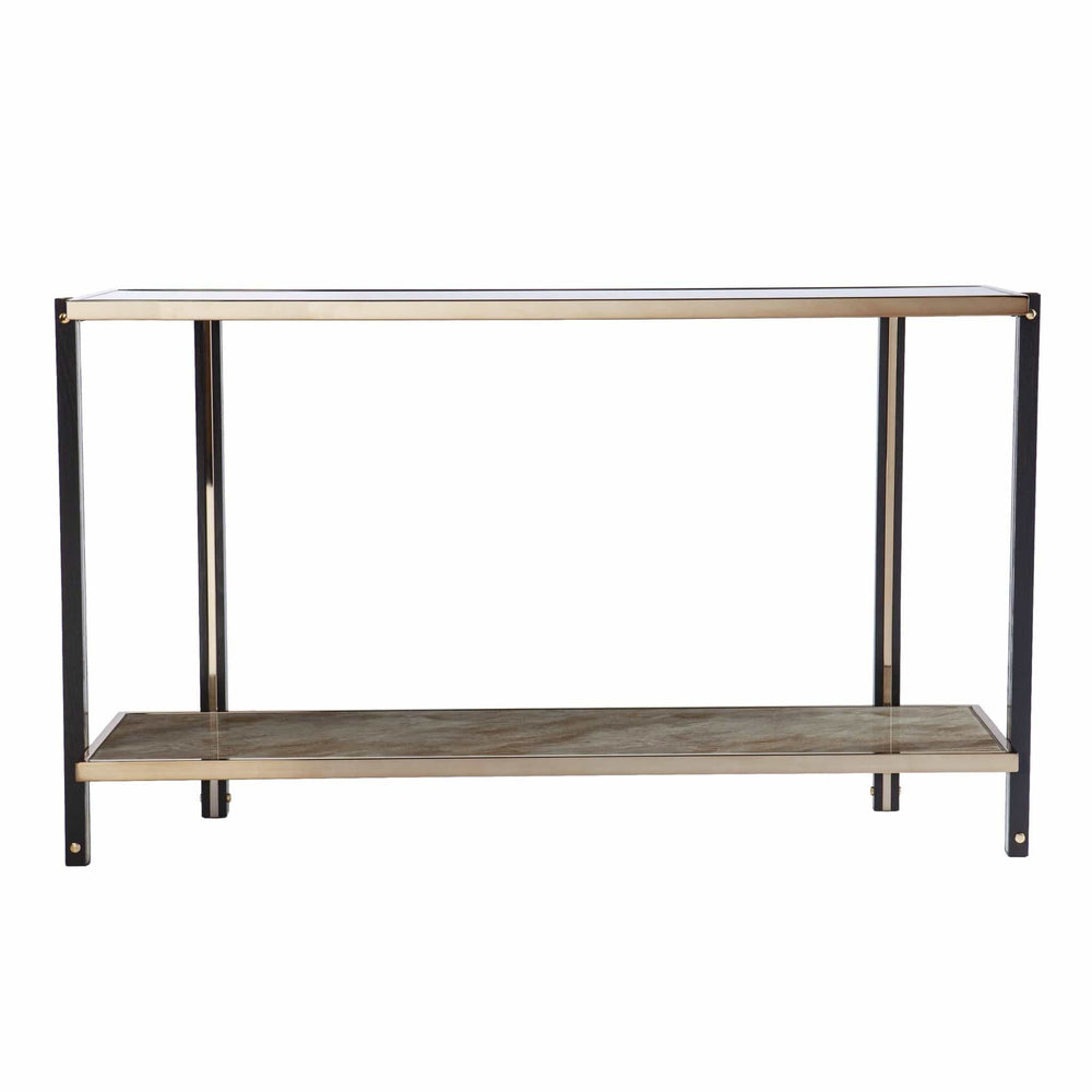 50" Smoky Black and Champagne Glass Mirrored Floor Shelf Console Table With Storage - Homeroots - Flyclothing LLC