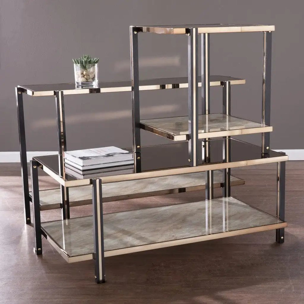 50" Smoky Black and Champagne Glass Mirrored Floor Shelf Console Table With Storage - Homeroots - Flyclothing LLC