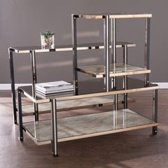50" Smoky Black and Champagne Glass Mirrored Floor Shelf Console Table With Storage - Homeroots