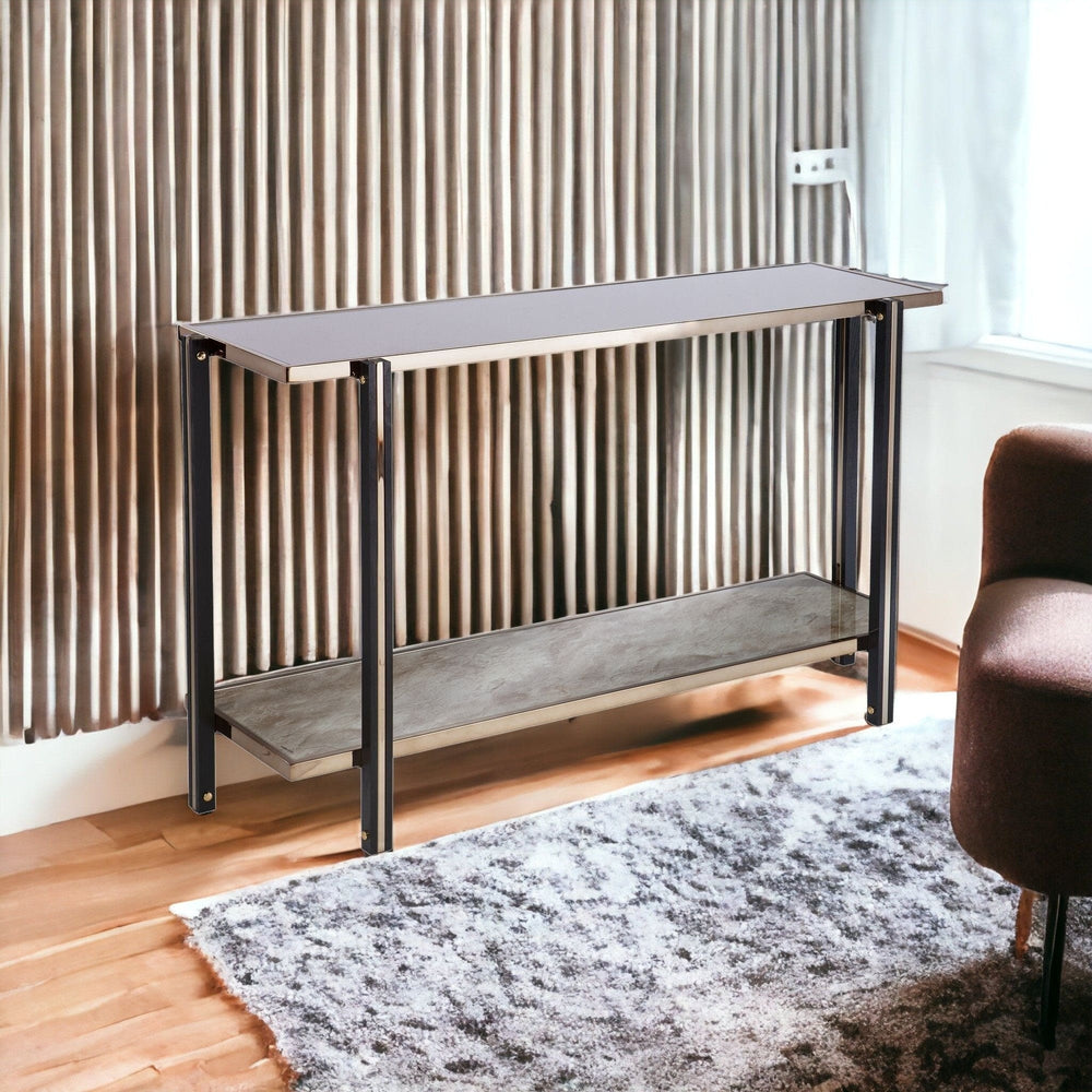 50" Smoky Black and Champagne Glass Mirrored Floor Shelf Console Table With Storage - Homeroots - Flyclothing LLC