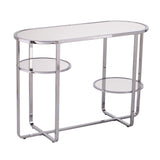 42" Silver Mirrored Glass Oval Cross Leg Console Table With Shelves - Homeroots