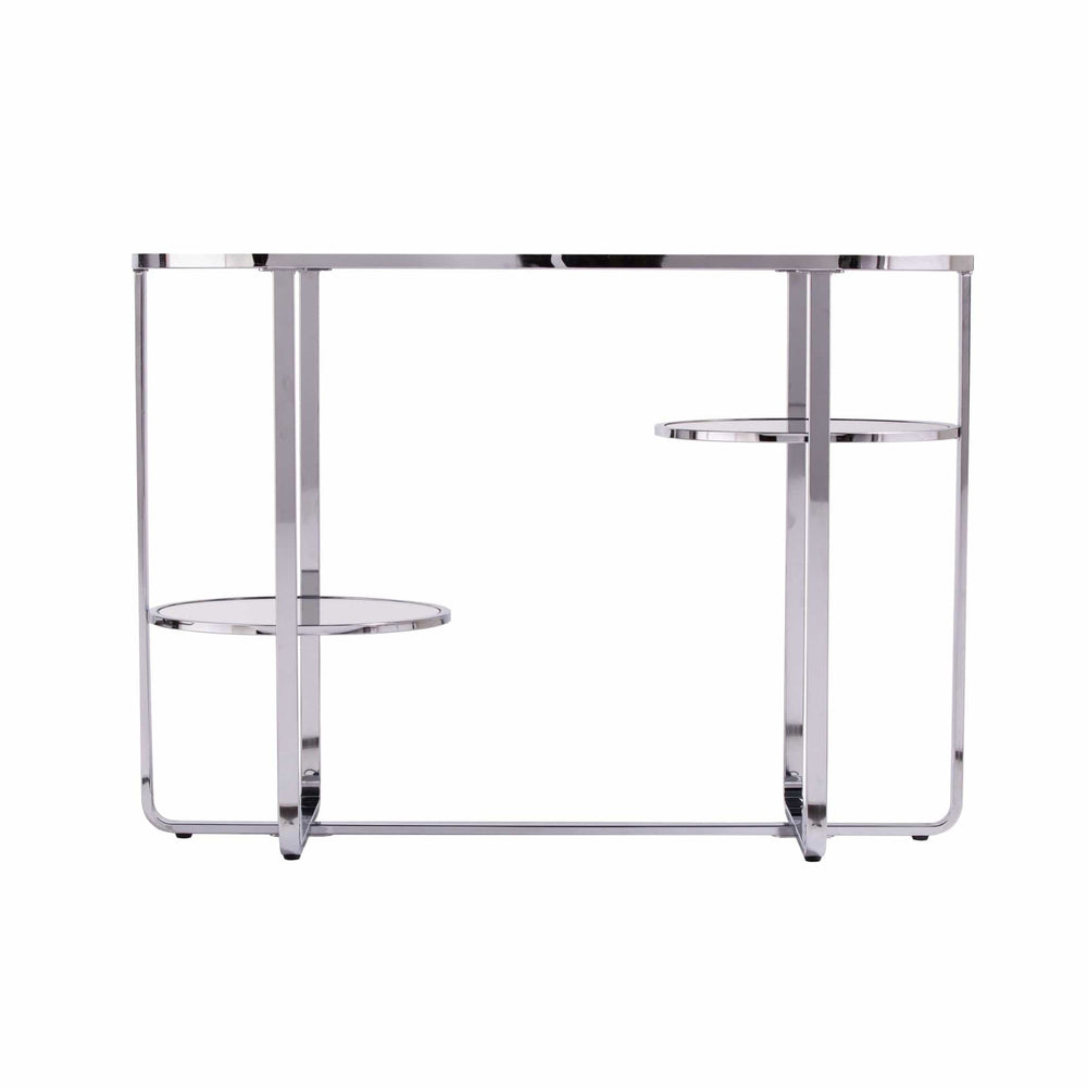 42" Silver Mirrored Glass Oval Cross Leg Console Table With Shelves - Homeroots - Flyclothing LLC