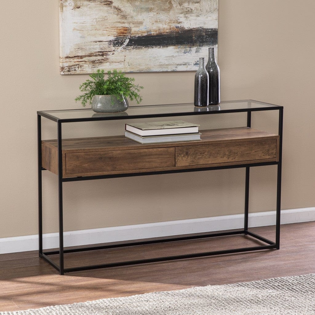 48" Clear and Black Glass Frame Console Table With Storage With Storage - Homeroots