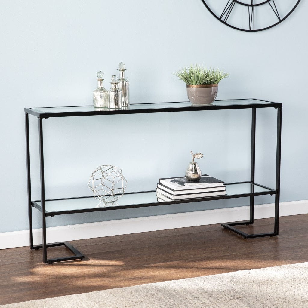 52" Clear and Black Glass Mirrored Sled Console Table With Shelves - Homeroots