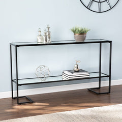 52" Clear and Black Glass Mirrored Sled Console Table With Shelves - Homeroots