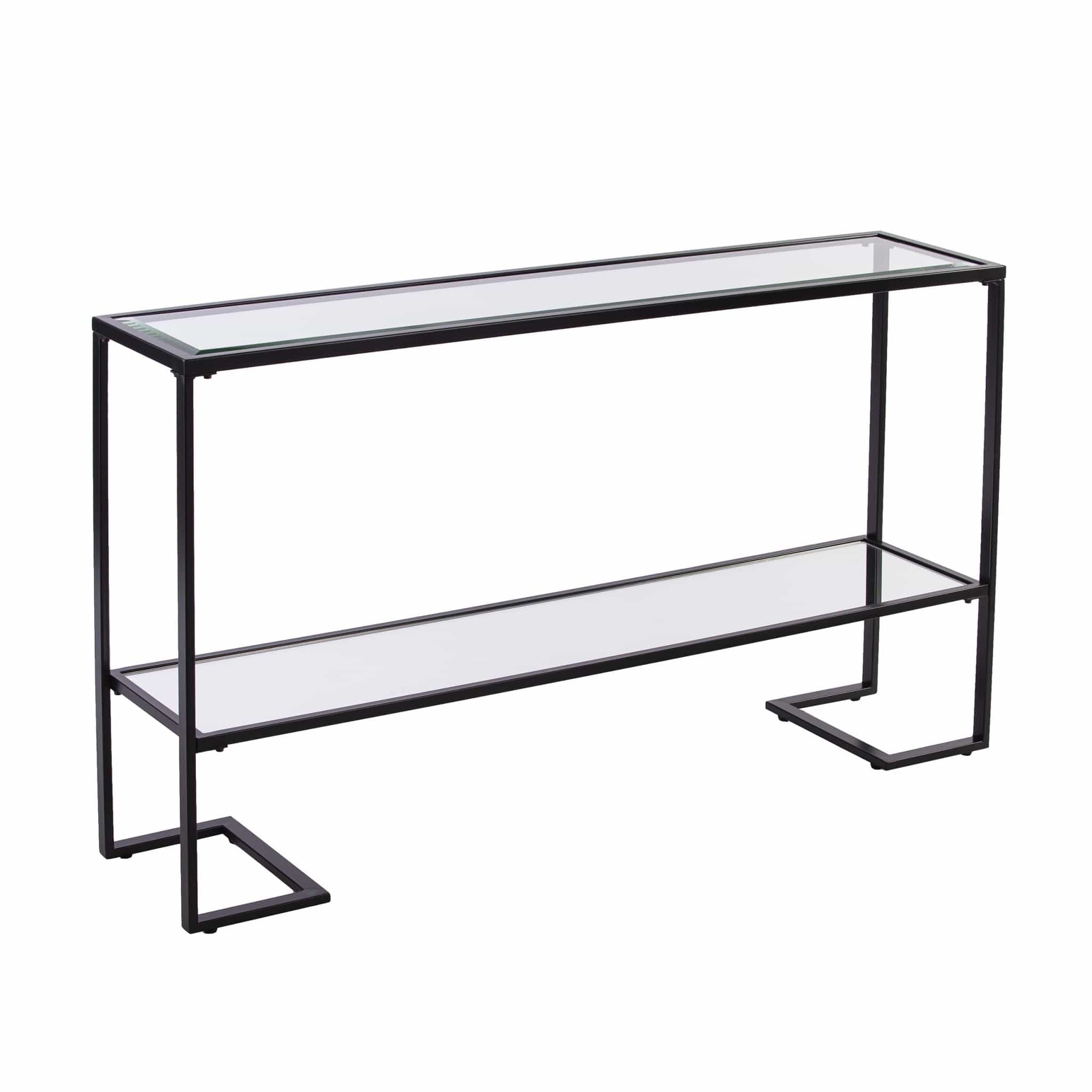 52" Clear and Black Glass Mirrored Sled Console Table With Shelves - Homeroots