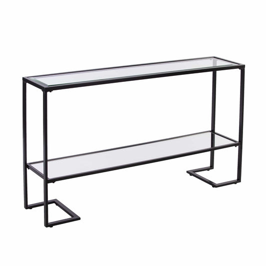 52" Clear and Black Glass Mirrored Sled Console Table With Shelves - Homeroots