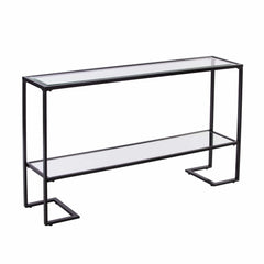 52" Clear and Black Glass Mirrored Sled Console Table With Shelves - Homeroots