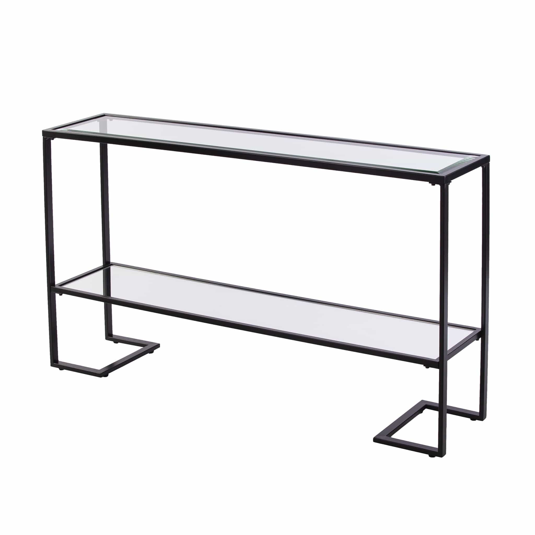 52" Clear and Black Glass Mirrored Sled Console Table With Shelves - Homeroots