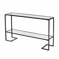 52" Clear and Black Glass Mirrored Sled Console Table With Shelves - Homeroots