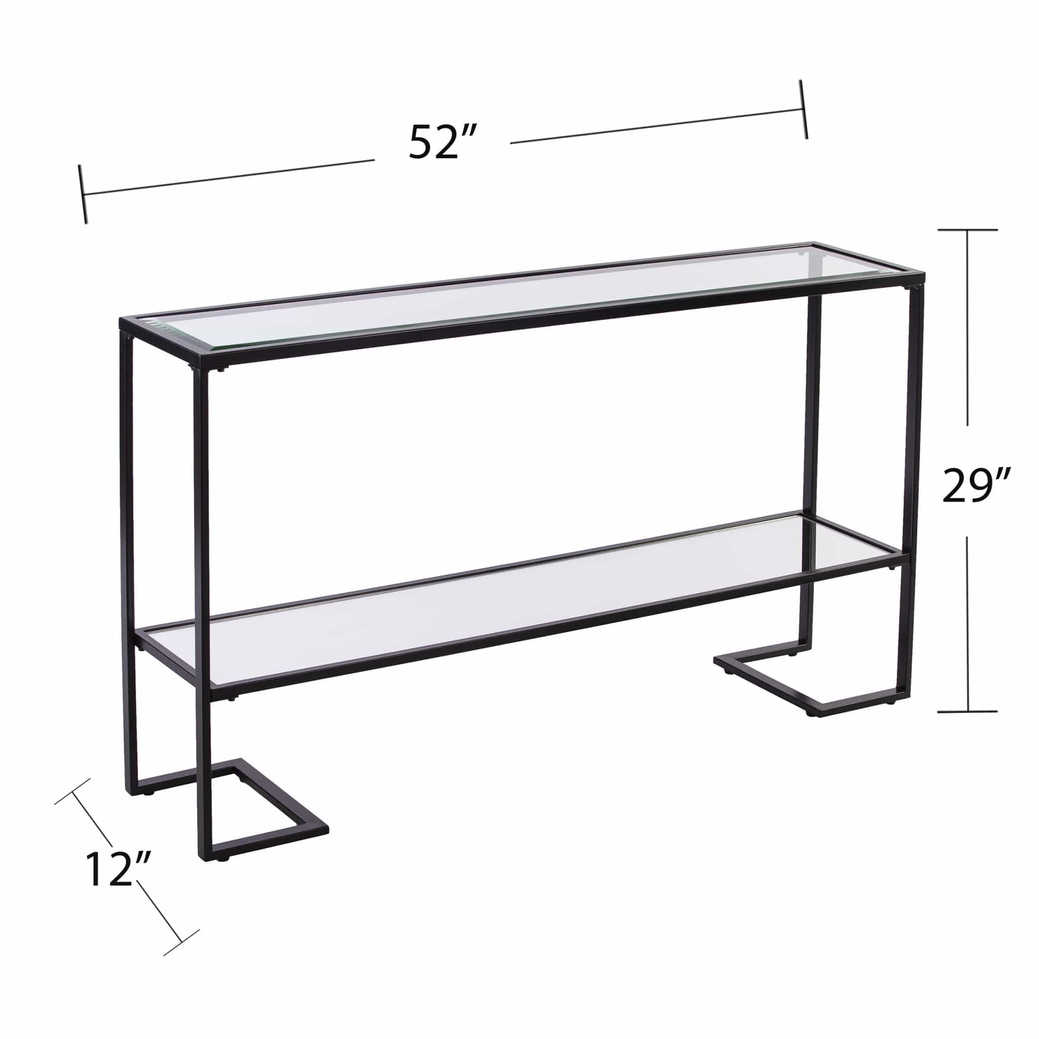 52" Clear and Black Glass Mirrored Sled Console Table With Shelves - Homeroots