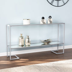 52" Clear and Silver Glass Sled Console Table With Shelves - Homeroots