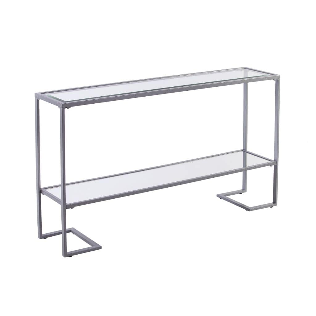 52" Clear and Silver Glass Sled Console Table With Shelves - Homeroots