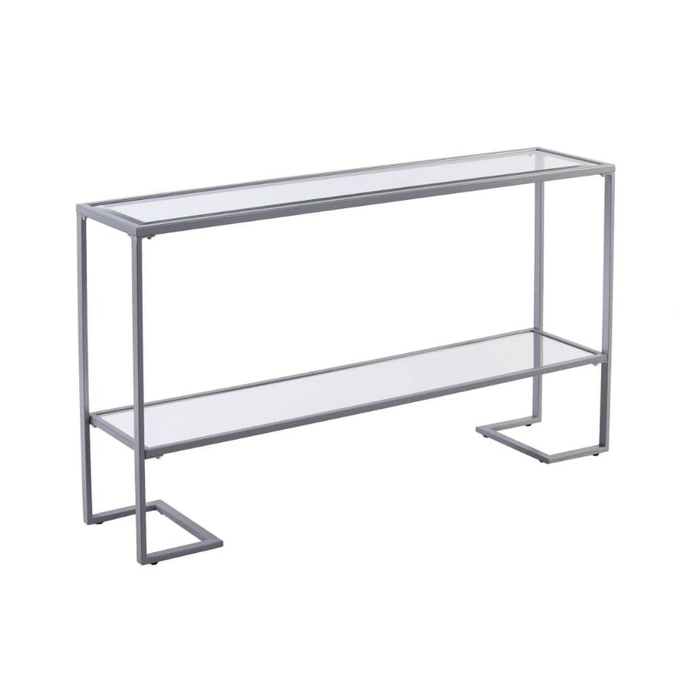 52" Clear and Silver Glass Sled Console Table With Shelves - Homeroots