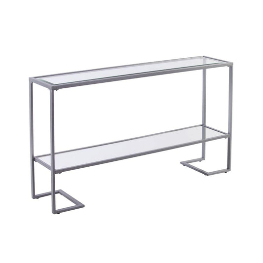 52" Clear and Silver Glass Sled Console Table With Shelves - Homeroots