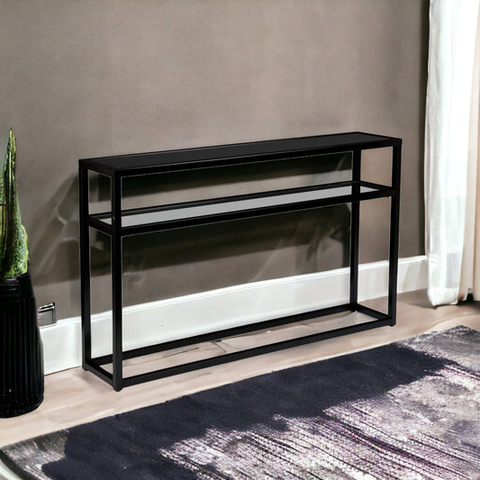 50" Black Glass Frame Console Table With Shelves - Homeroots