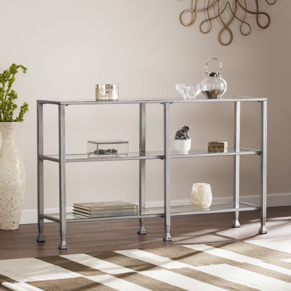 49" Clear and Silver Glass Distressed Frame Console Table With Shelves - Homeroots - Flyclothing LLC