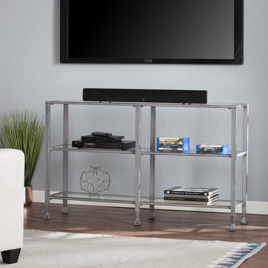 49" Clear and Silver Glass Distressed Frame Console Table With Shelves - Homeroots - Flyclothing LLC