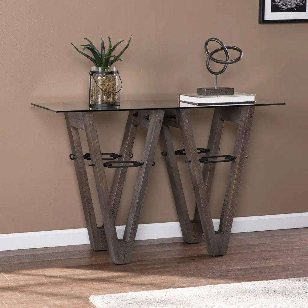 46" Clear and Gray Brown Glass Abstract Console Table - Homeroots - Flyclothing LLC