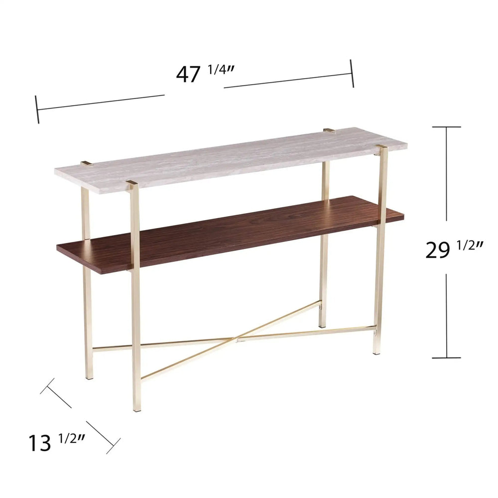 47" Beige and Gold Faux Marble Frame Console Table With Shelves - Homeroots - Flyclothing LLC