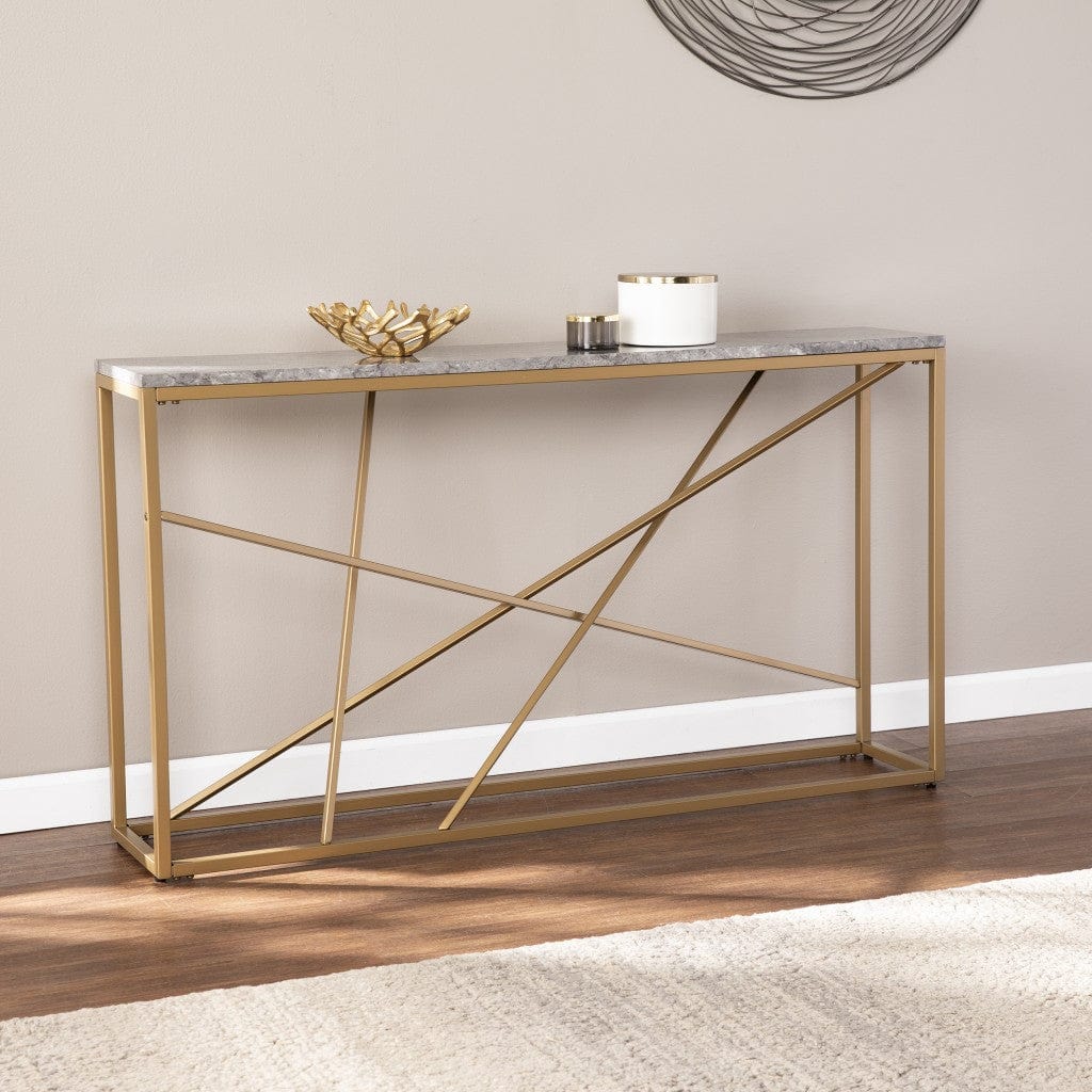 52" Gray and Gold Faux Marble Frame Console Table - Homeroots