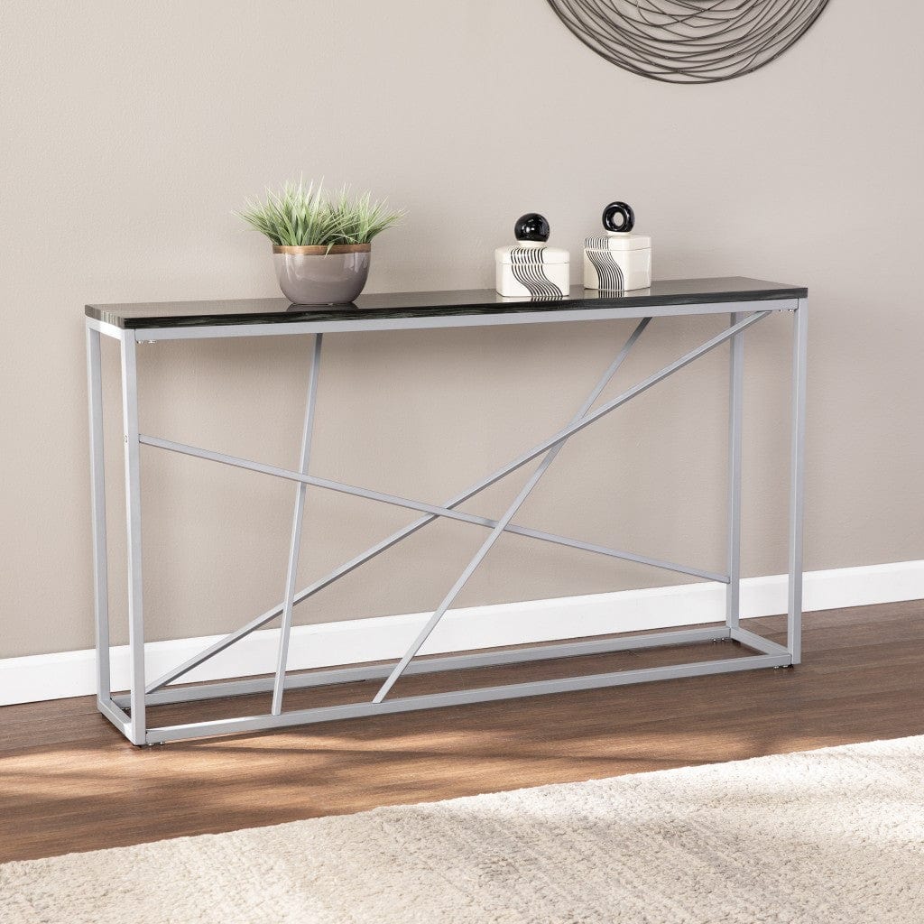 52" Black and Silver Faux Stone Frame Console Table - Homeroots