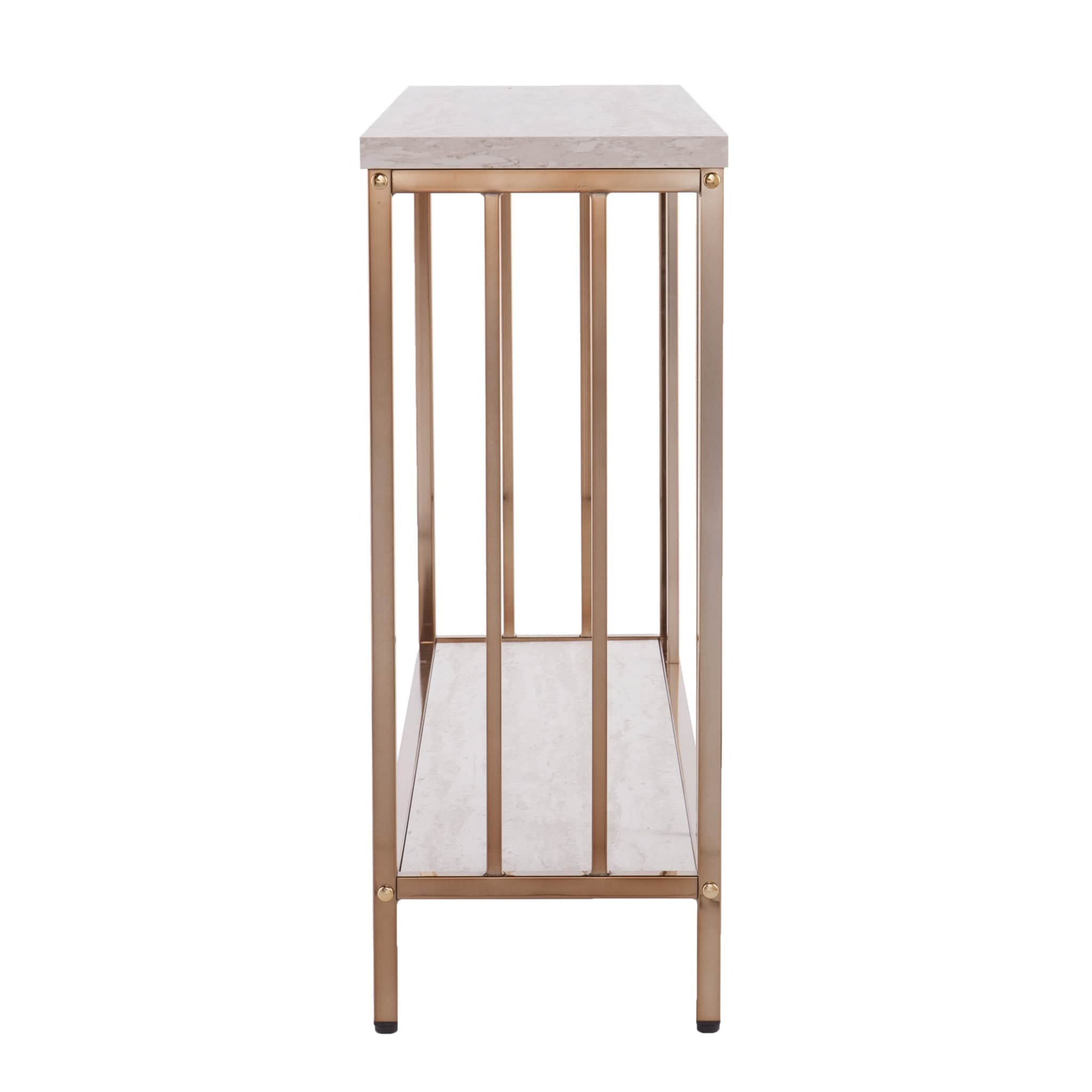48" Champagne and Gold Faux Stone Floor Shelf Console Table With Storage - Homeroots